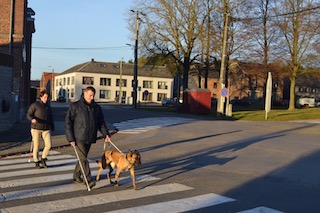 Illustration : un homme non-voyant en formation traverse la rue avec un chien guide, suivi de Penelope.