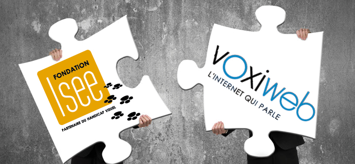 Illustration : Deux grandes pièces de puzzle tenues par des hommes et prêtes à s'emboîter. L'une avec le logo de la fondation I See l'autre avec le logo de Voxiweb