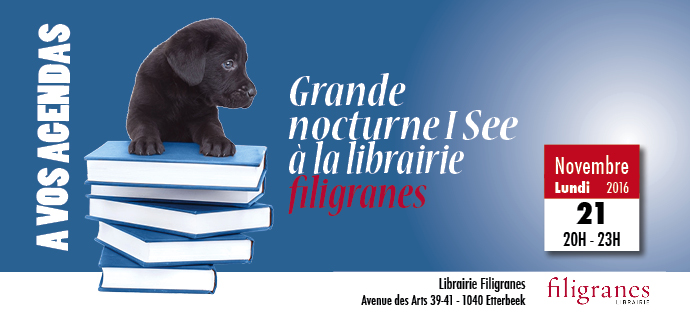 Illustration : Un petit chiot bleu sur une pile de livres et l'annonce de la Nocturne à la librairie Filigranes
